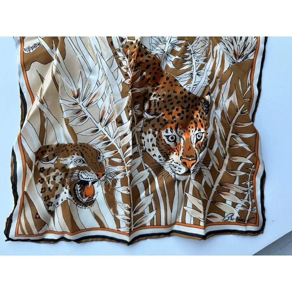 BURMEL Leopard Animal Print Silk Rayon‎ Blend Scarf Brown Orange 60s 70s Vintage